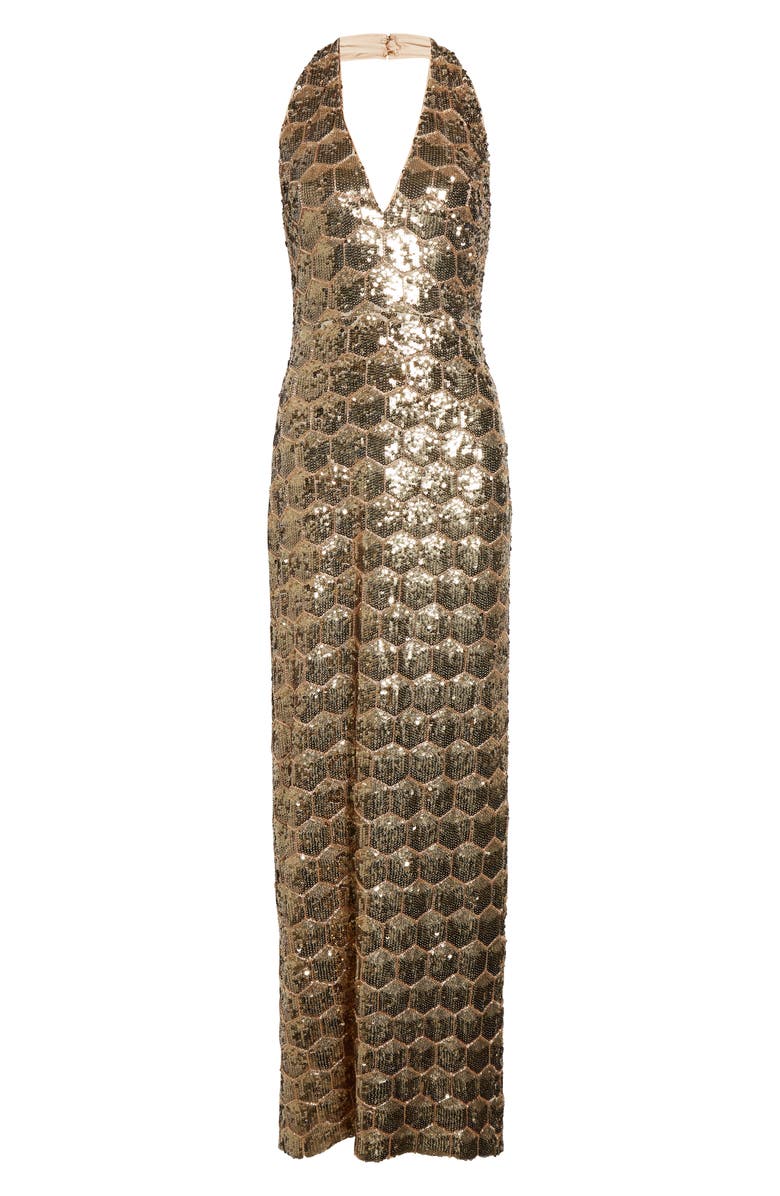 Ramy Brook Shauna Sequin Halter Gown, Alternate, color, Gold Sequin