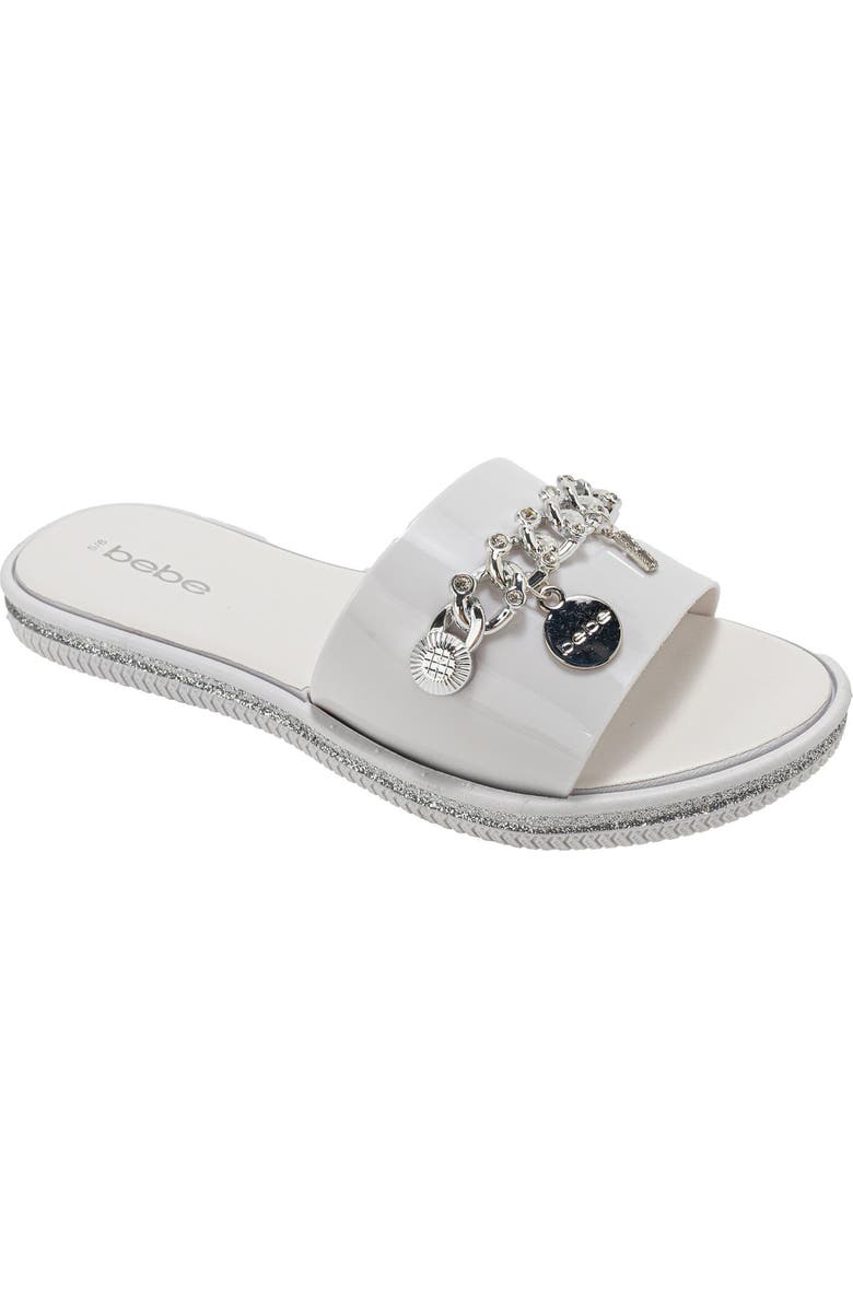 bebe Chain Charm Slide Sandal, Main, color, Metallic Silver