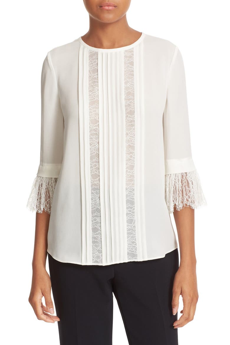 lace inset silk top, Main, color, FRENCH CREAM