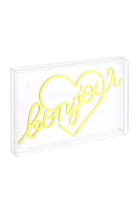 Bonjour Heart 15" X 10.3" Contemporary Glam Acrylic Box USB Operated LED Neon Light, Yellow