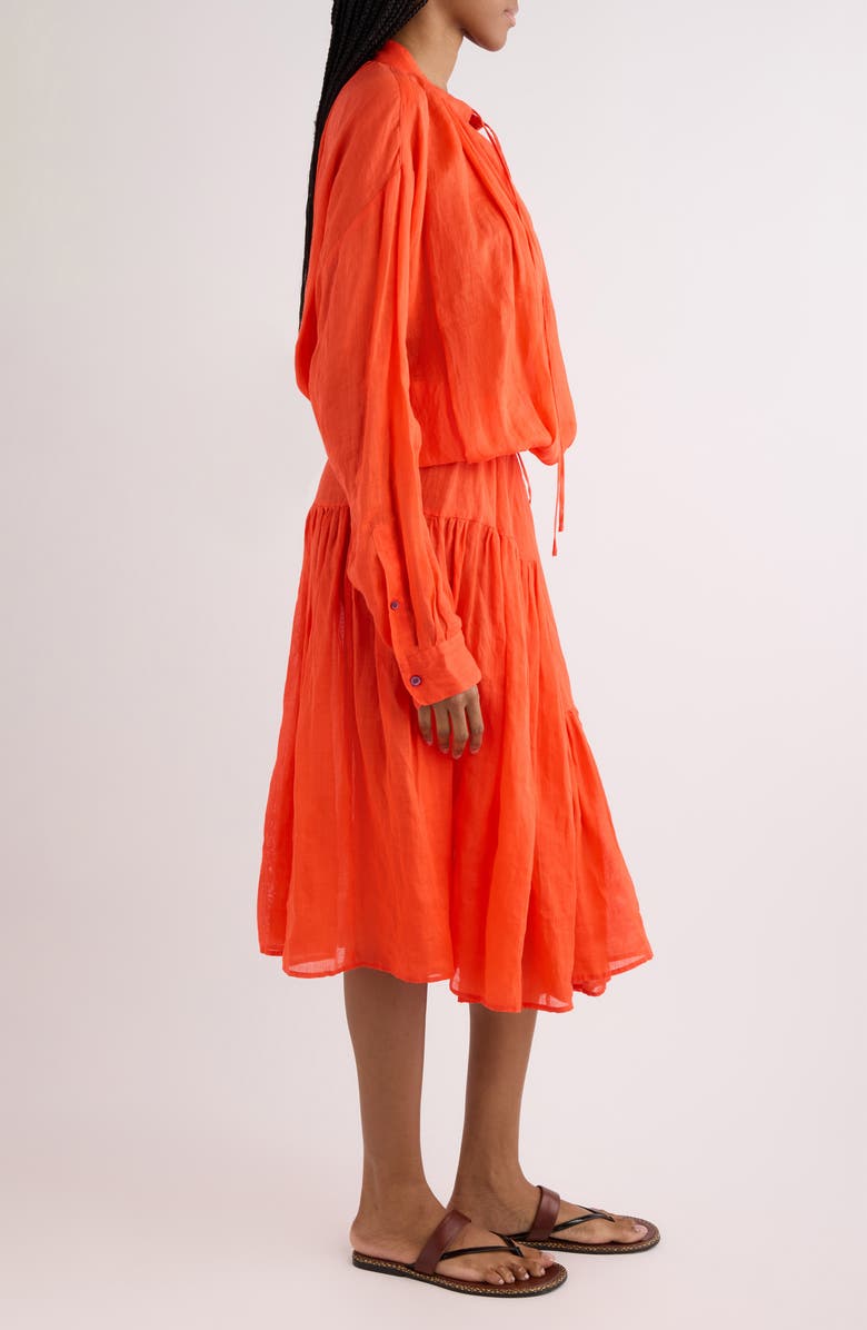 Dries Van Noten Long Sleeve Ramie Mousseline Split Neck Dress, Alternate, color, Red