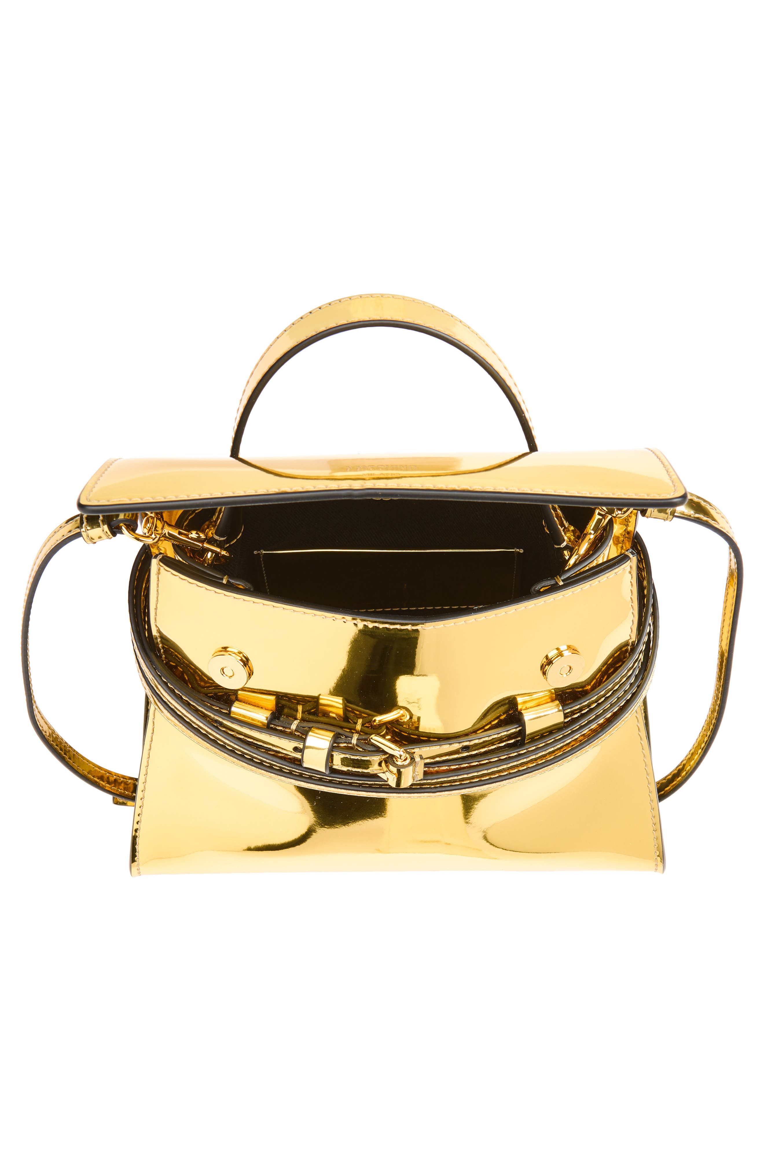 Moschino Tie Me Metallic Faux Leather Handbag, Alternate, color, Gold