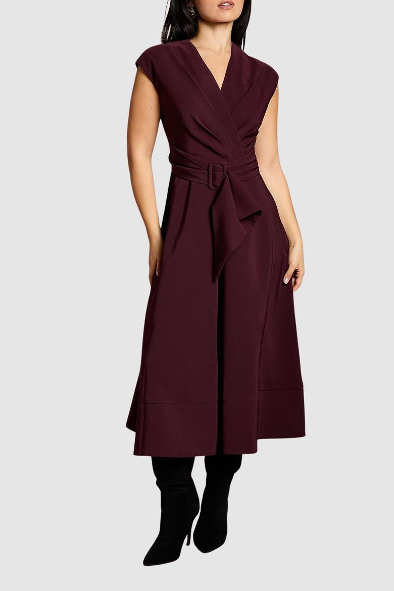 Petite Belted Crepe Dress, Alternate, color, Chocolate