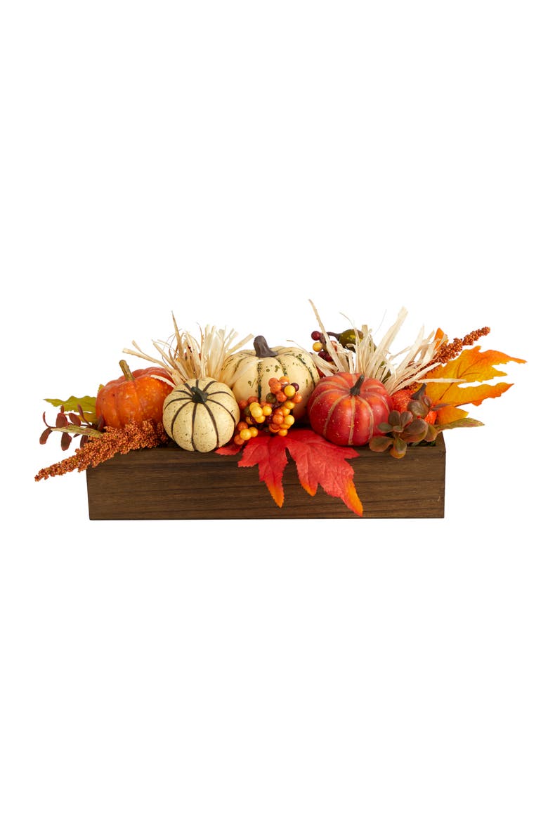 NEARLY NATURAL 16-in Harvest Pumpkin and Berries Artificial Arrangement in Wood Vase, Main, color, Orange