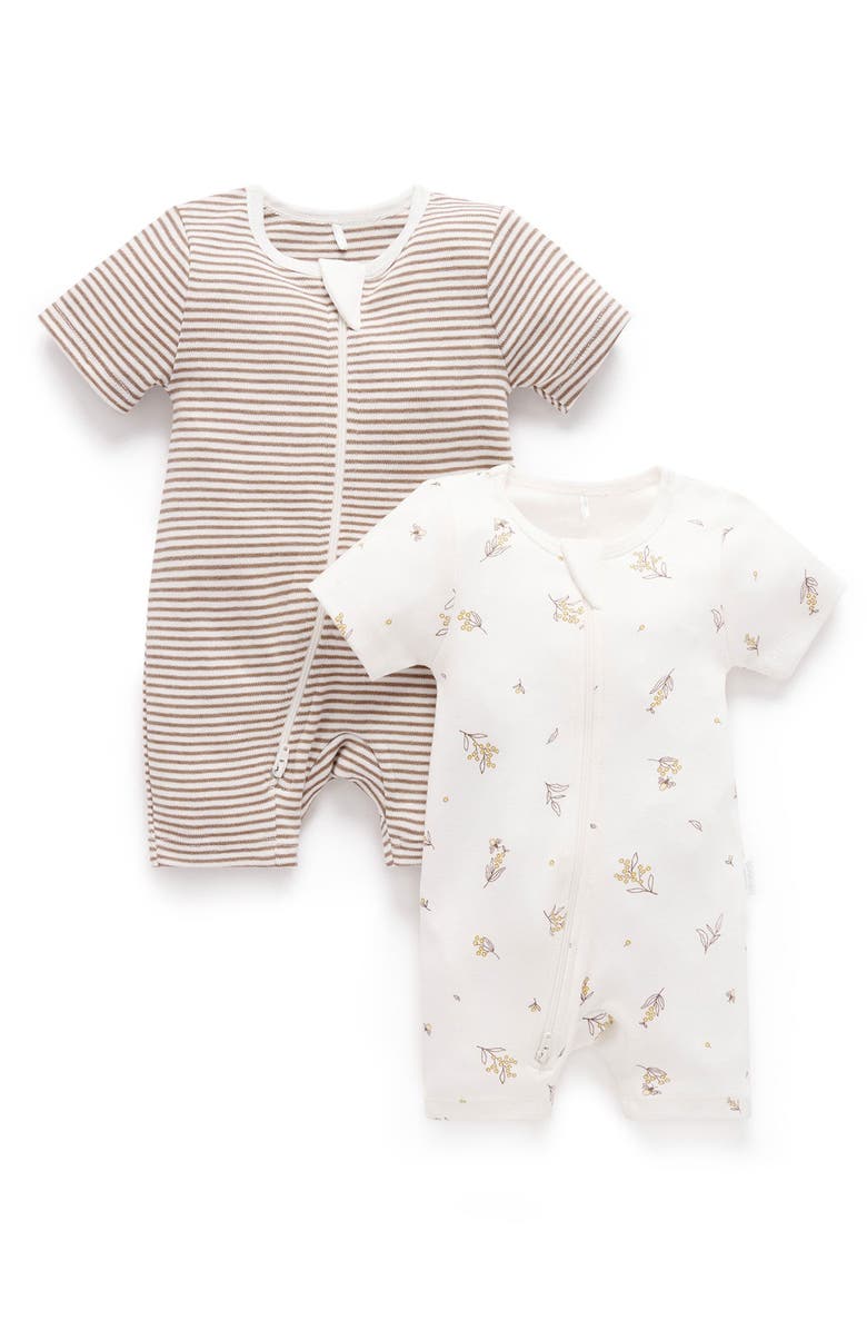 Purebaby 2 Pack Short Zip Romper, Main, color, Vanilla Wattle Bee Pack