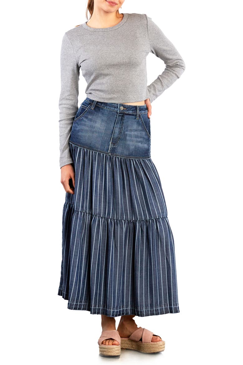 Contrast Tiered Denim Maxi Skirt, Alternate, color, INDIGO STRIPES
