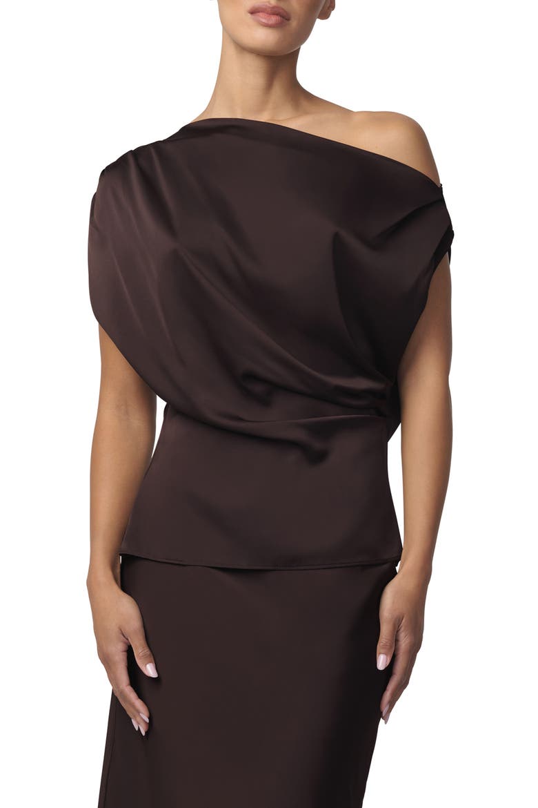 The Isla Drape One-Shoulder Satin Top, Main, color, ESPRESSO