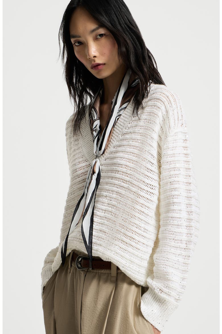 Sweater with openwork stripes, Alternate, color, White