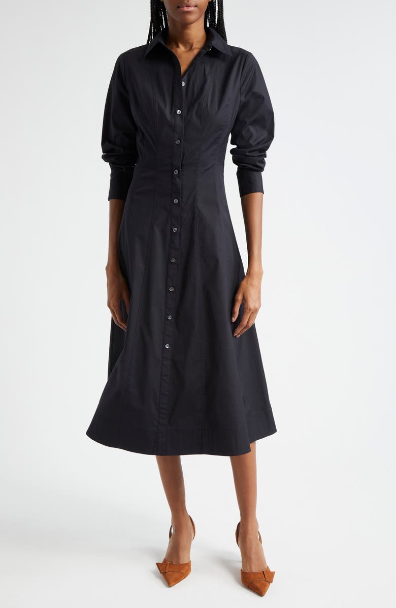 Veronica Beard Goldie Long Sleeve Stretch Cotton Midi Shirtdress, Main, color, Black