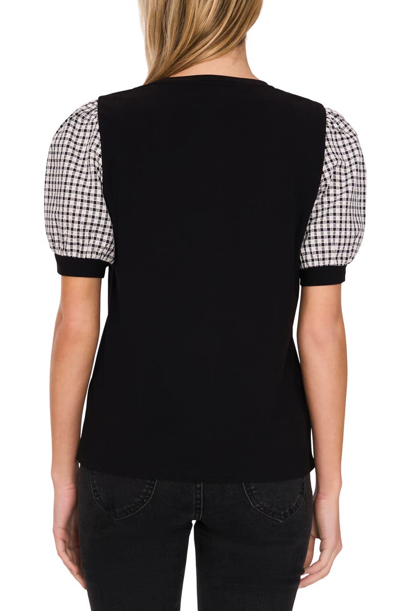 CeCe Gingham Puff Sleeve Mixed Media Top, Alternate, color, Rich Black