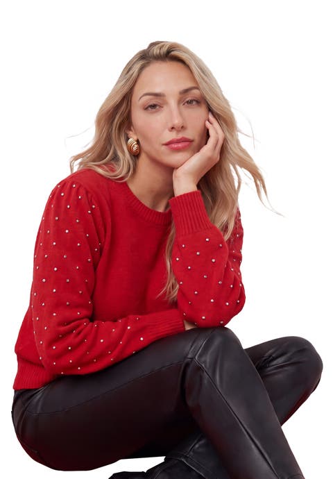 Plus Size Rhinestone Boatneck Blouson Sleeve Sweater (plus)