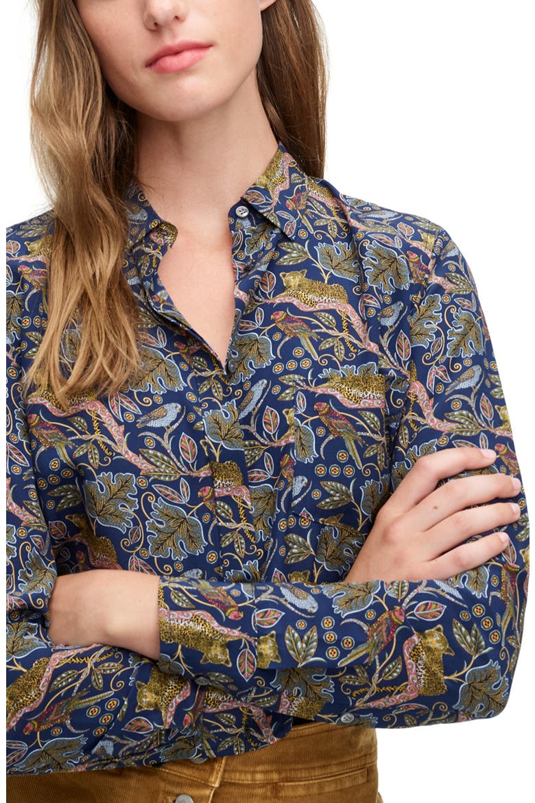 Botanical Cheetah Print Button-Up Silk Shirt, Main, color, NAVY LEOPARD