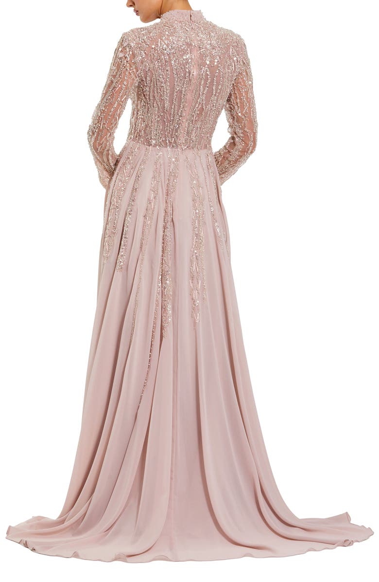 Mac Duggal Long Sleeve High Neck Embellished Satin Gown, Alternate, color, Dusty Rose