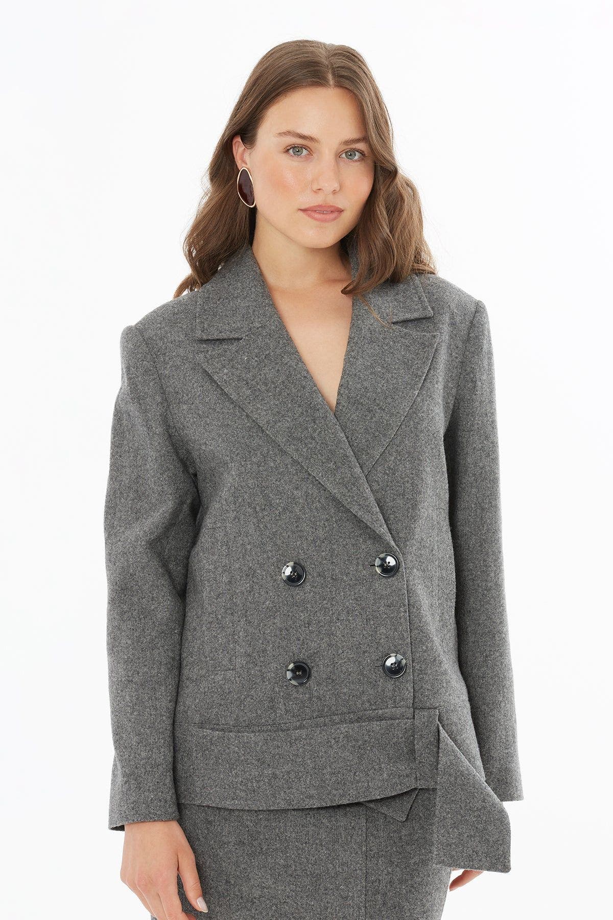 Front Button Wool-Blend Cropped Tailored Jacket