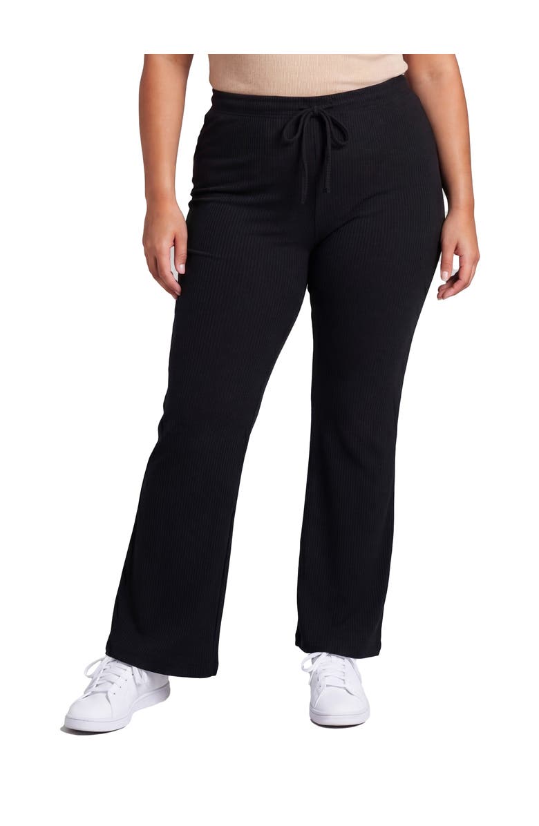 24seven Comfort Apparel Curvy Basic Ribbed Knit Drawstring Straight Leg Lounge Pants, Main, color, Black