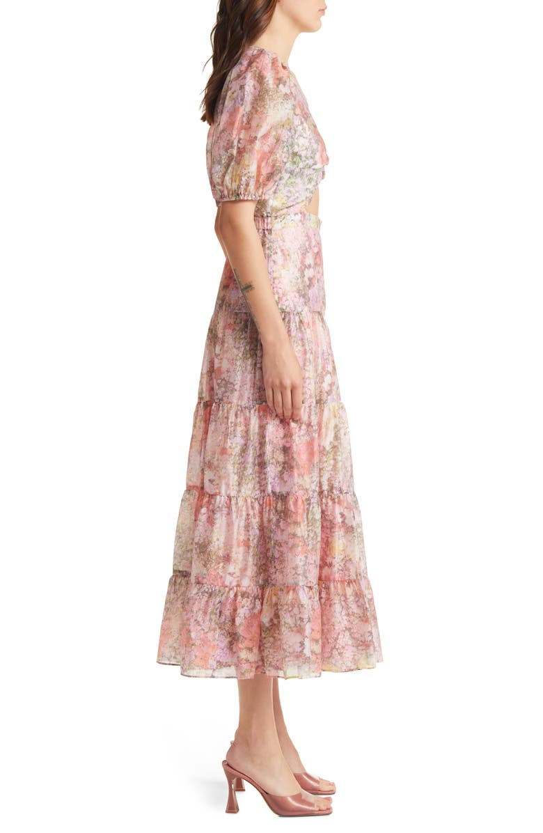 & Other Stories Floral Cutout Puff Sleeve Organza Midi Dress, Alternate, color,