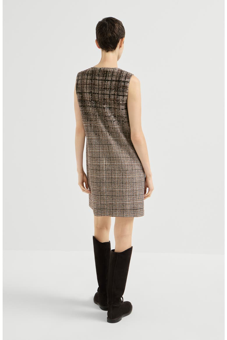 Checked alpaca and wool mini dress with dazzling degradé embroidery, Alternate, color, Brown