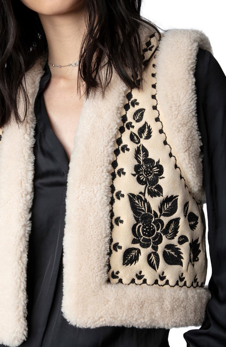 Zadig & Voltaire Feti Embroidered Genuine Shearling Vest, Alternate, color,
