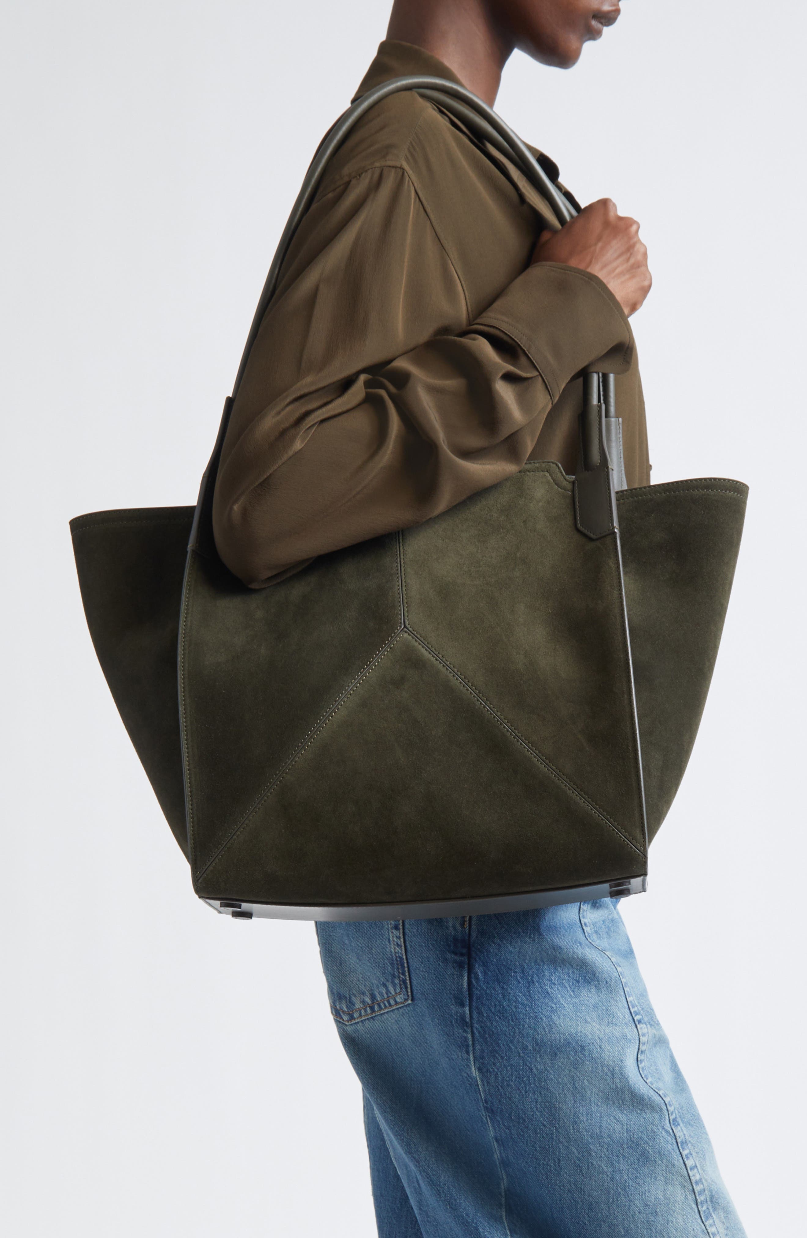 Victoria Beckham Small Victoria Suede Tote, Alternate, color, Dark Olive