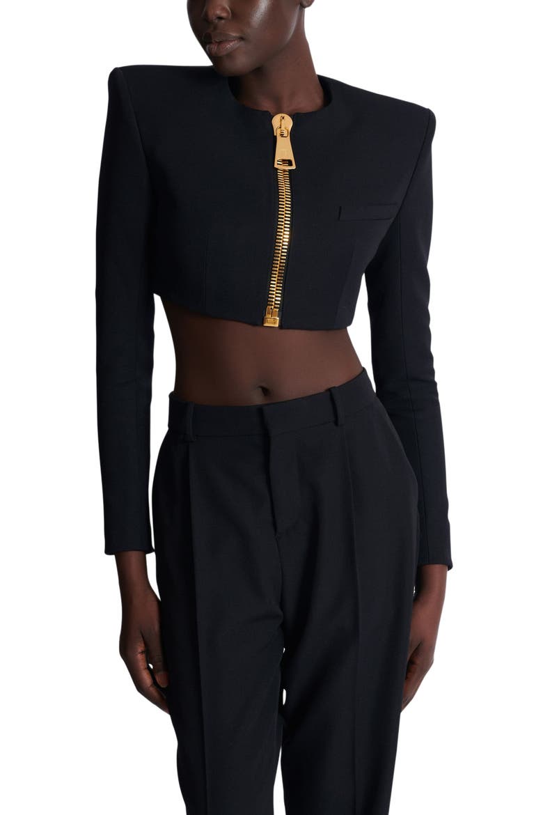 Cropped Jacket In Grain De Poudre Wool, Alternate, color, Black