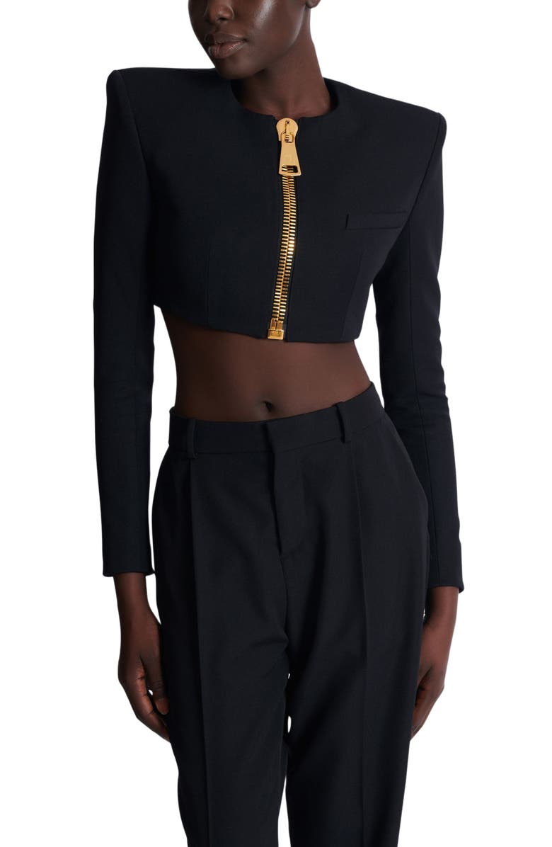 Balmain Cropped Jacket In Grain De Poudre Wool, Alternate, color, 
