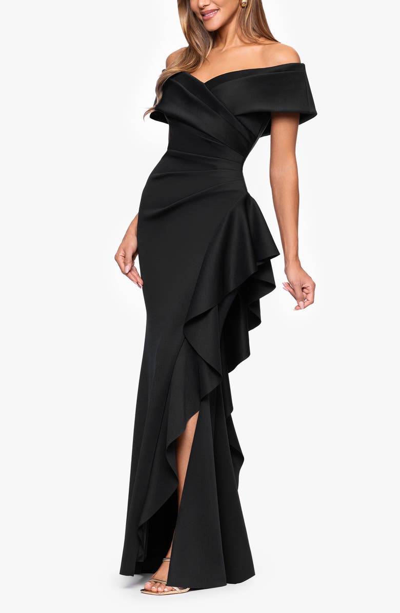 Xscape Evenings Off the Shoulder Scuba Mermaid Gown, Main, color, Black