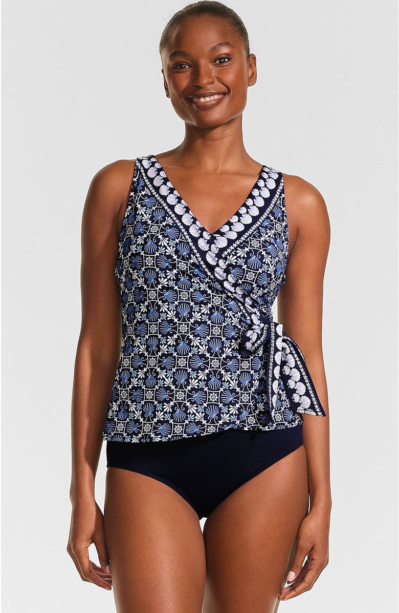 Lands' End D-Cup Side Tie Tankini Top, Main, color, Seashell Geo/Navy Border