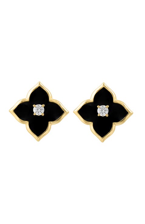 14K Yellow Gold Diamond & Onyx Motif Stud Earrings