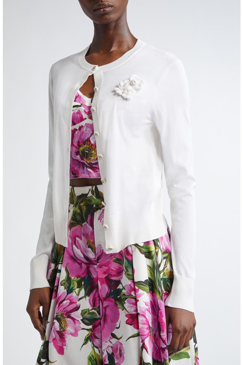 Floral Appliqué Silk Crewneck Cardigan, Alternate, color, BIANCO OTTICO