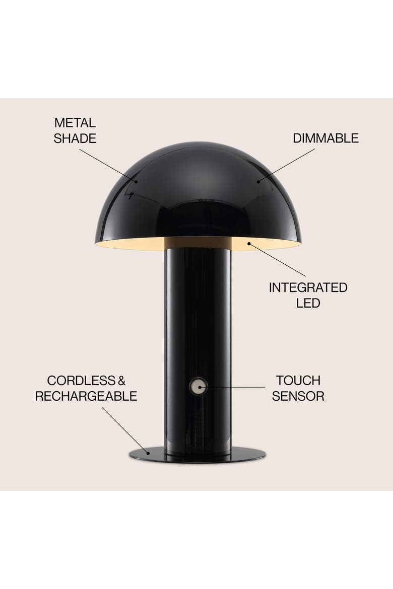 Boletus Contemporary Bohemian Rechargeable/Cordless Iron Integrated Portable LED Mushroom Table Lamp, Alternate, color, Black