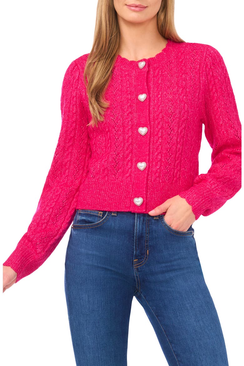 Heart Button Pointell Cardigan, Main, color, ELECTRIC PINK