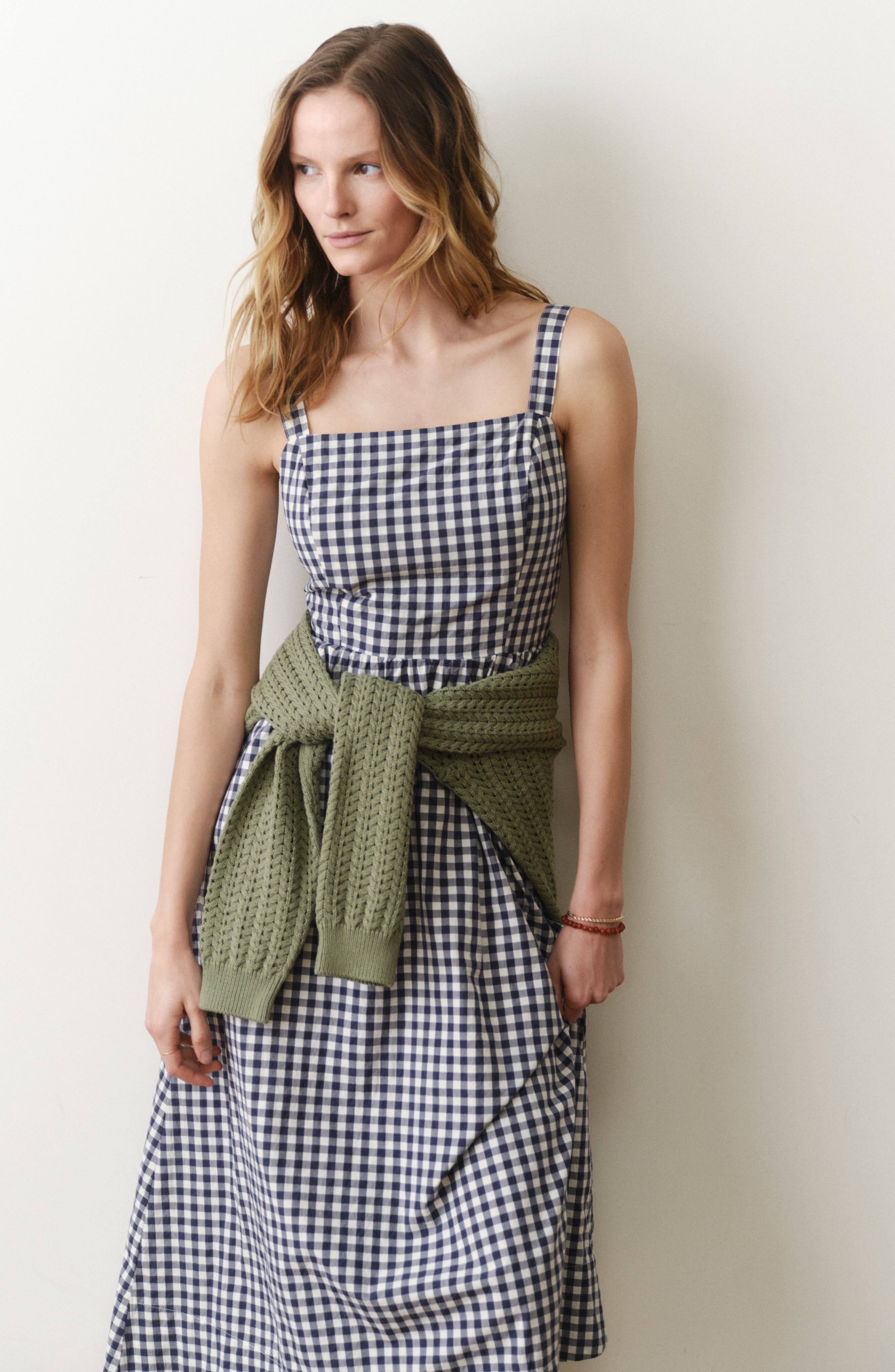 gingham cotton poplin dress Marine Layer Demi Poplin Midi Dress Navy Gingham / S