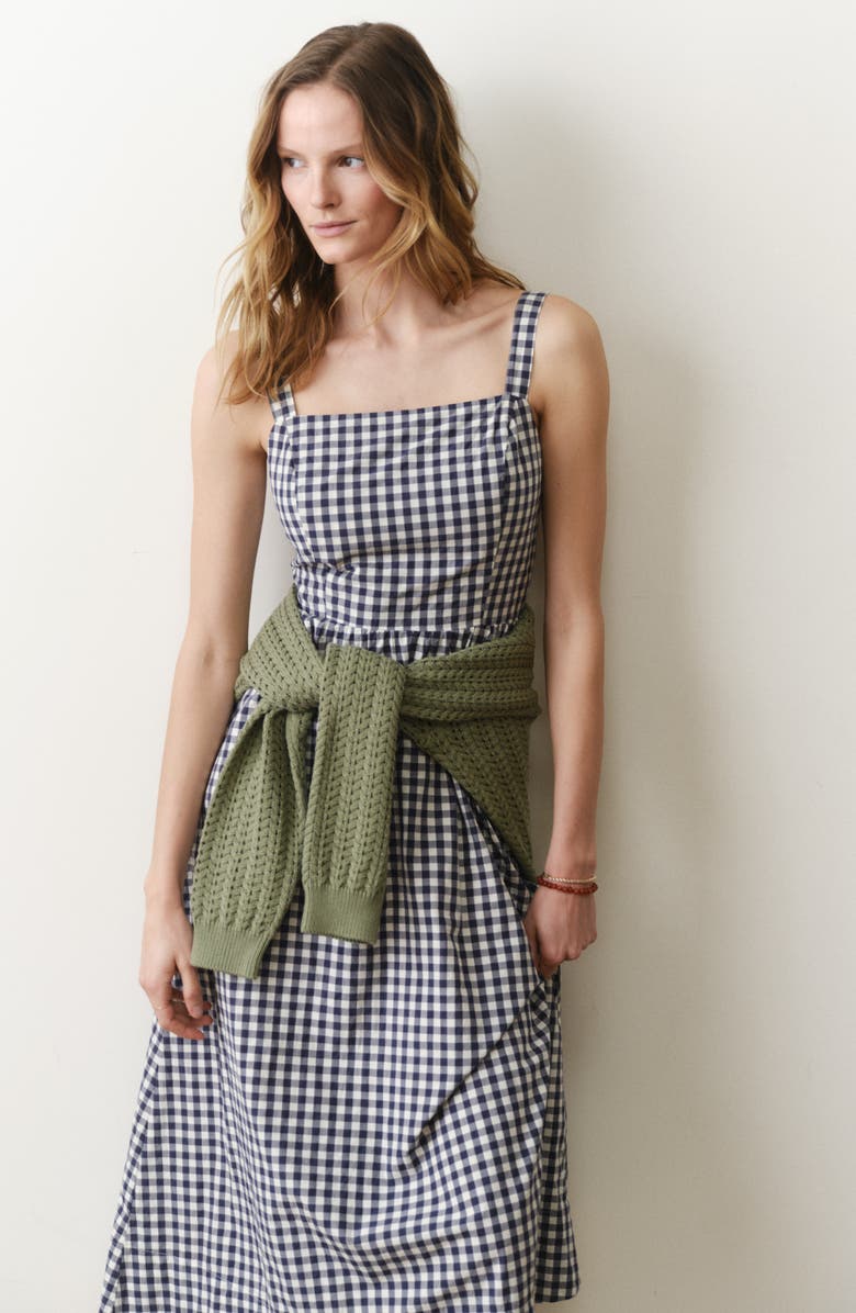 Marine Layer Demi Gingham Pima Cotton Poplin Midi Dress, Alternate, color, Navy Gingham