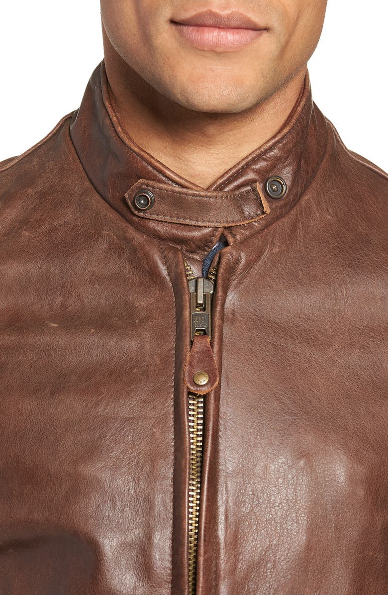 Schott NYC Café Racer Hand Vintaged Cowhide Leather Jacket, Alternate, color, Brown