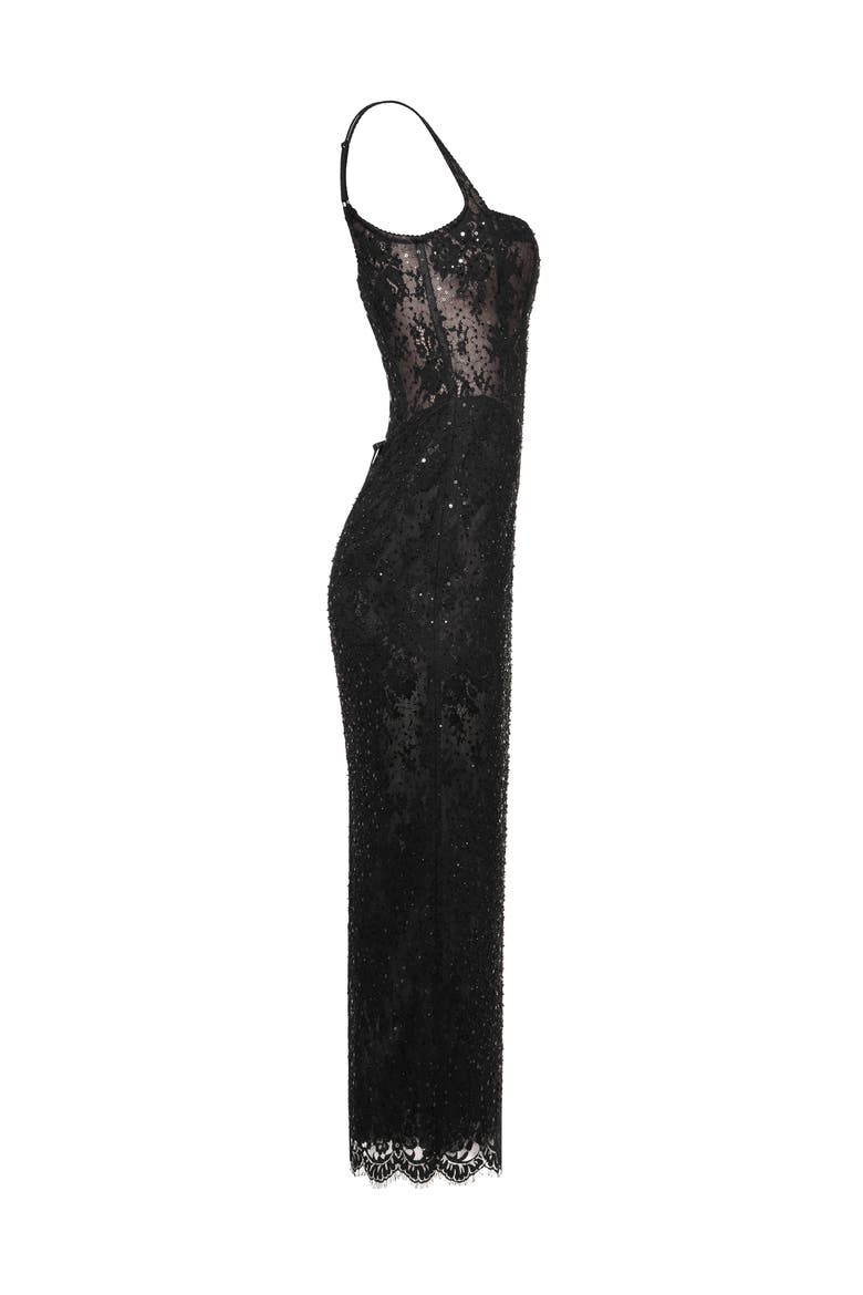 Chantilly Lace Maxi Formal Occasion Dress with Corset Bodice in Black, Alternate, color, Black
