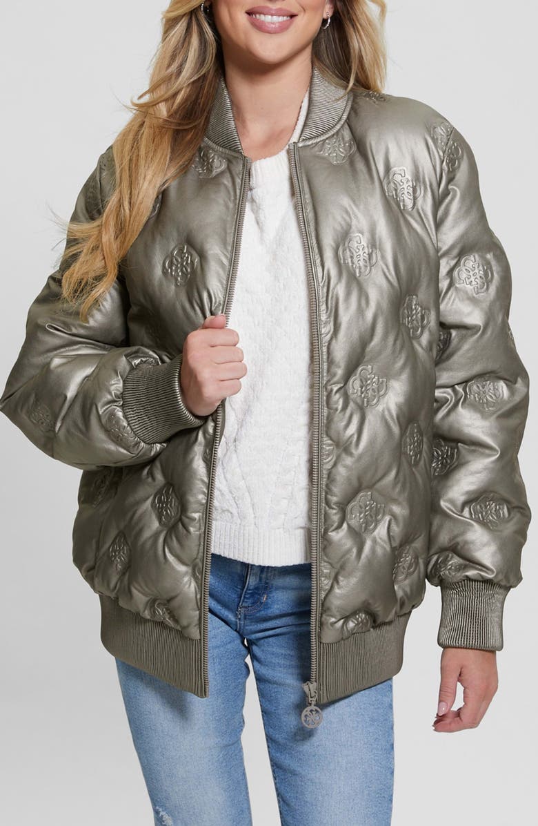 GUESS Marianne Peony Metallic Faux Leather Quilted Bomber, Main, color, 
