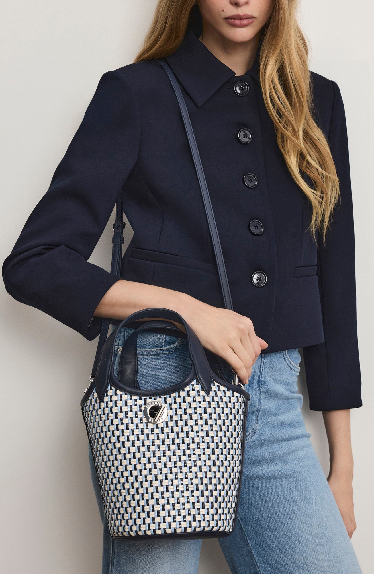 Veronica Beard Anchor Woven Bucket Crossbody Bag, Alternate, color, Navy Multi