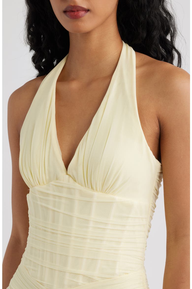 Carmine Ruched Mesh Halter Dress, Alternate, color, LEMON YELLOW