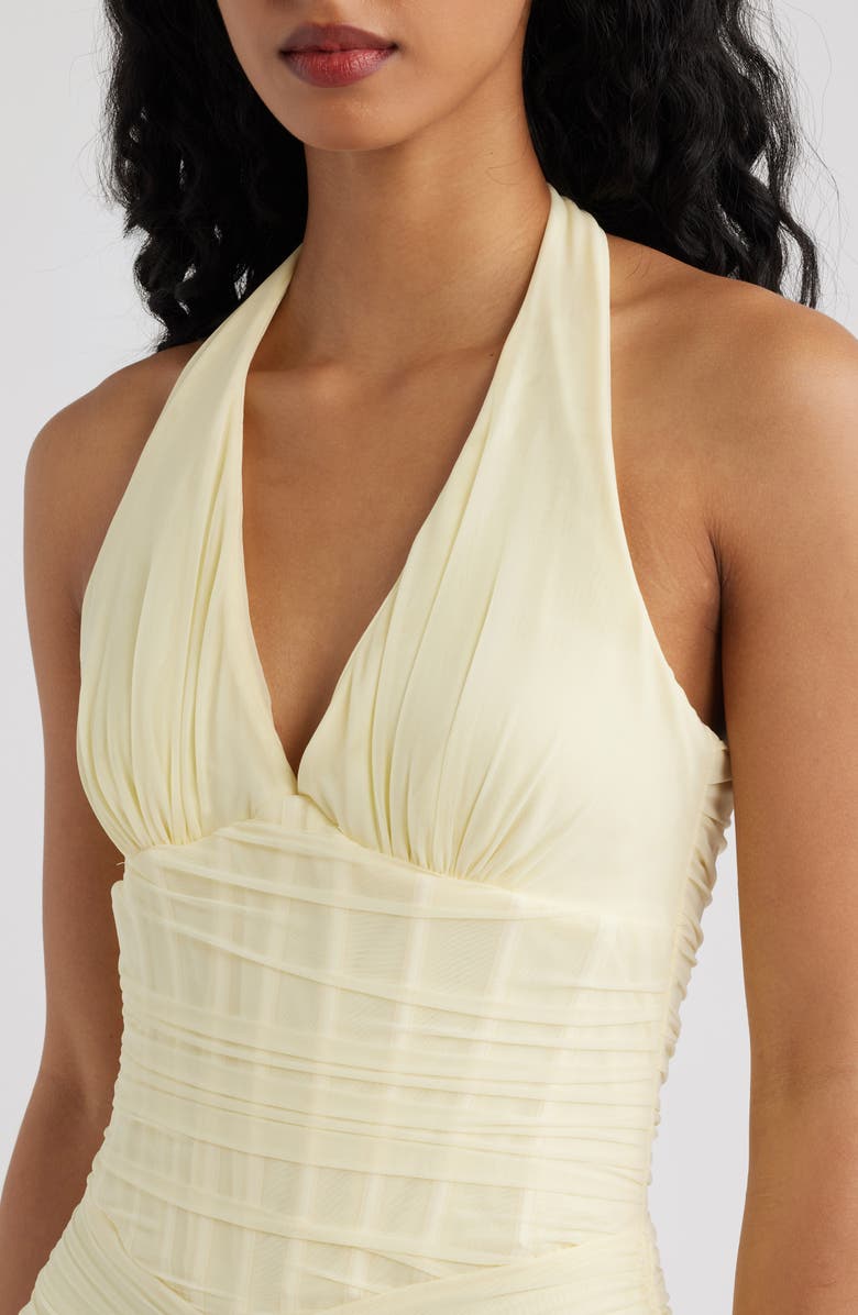 HOUSE OF CB Carmine Ruched Mesh Halter Dress, Alternate, color, Lemon Yellow
