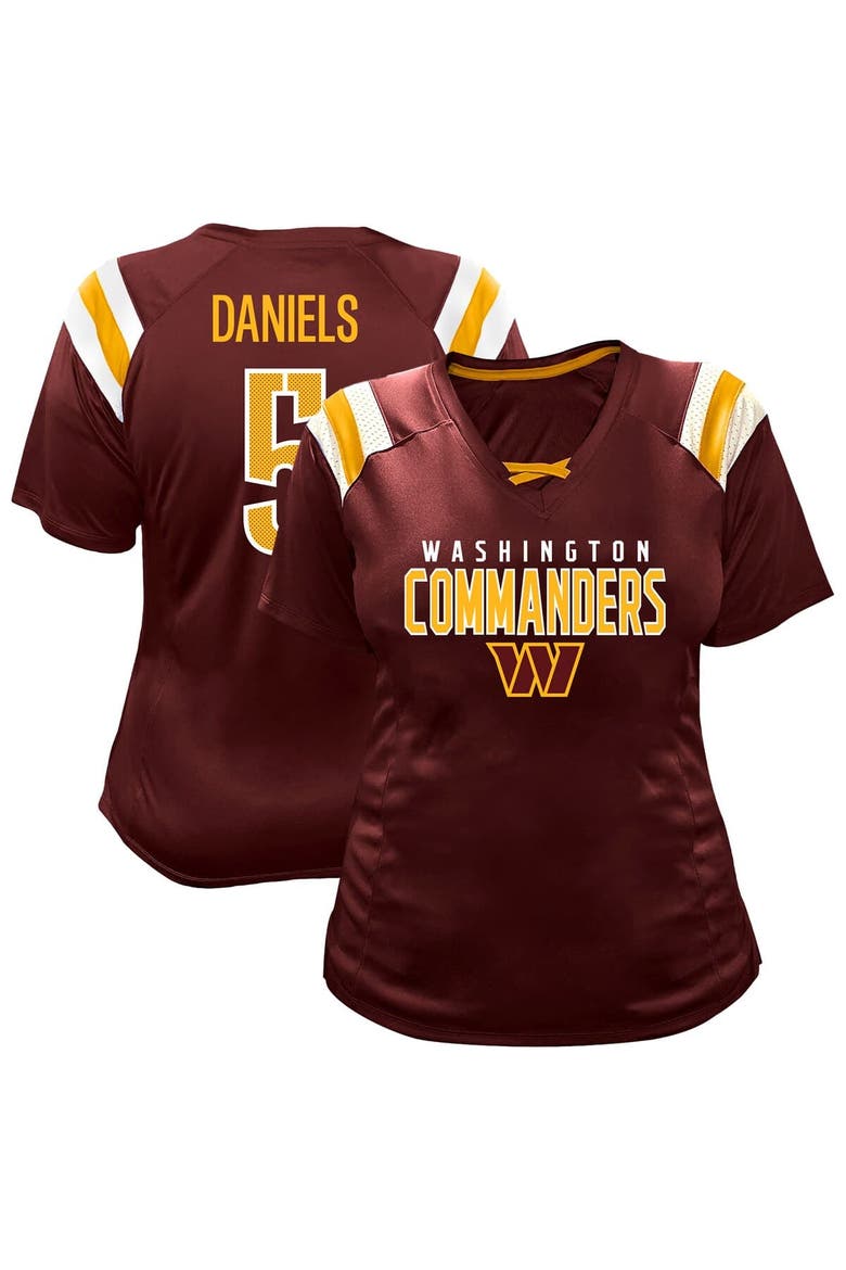 Women's Fanatics Jayden Daniels Burgundy Washington Commanders Plus Size Name & Number Raglan Lace V-Neck T-Shirt, Main, color, Burgundy