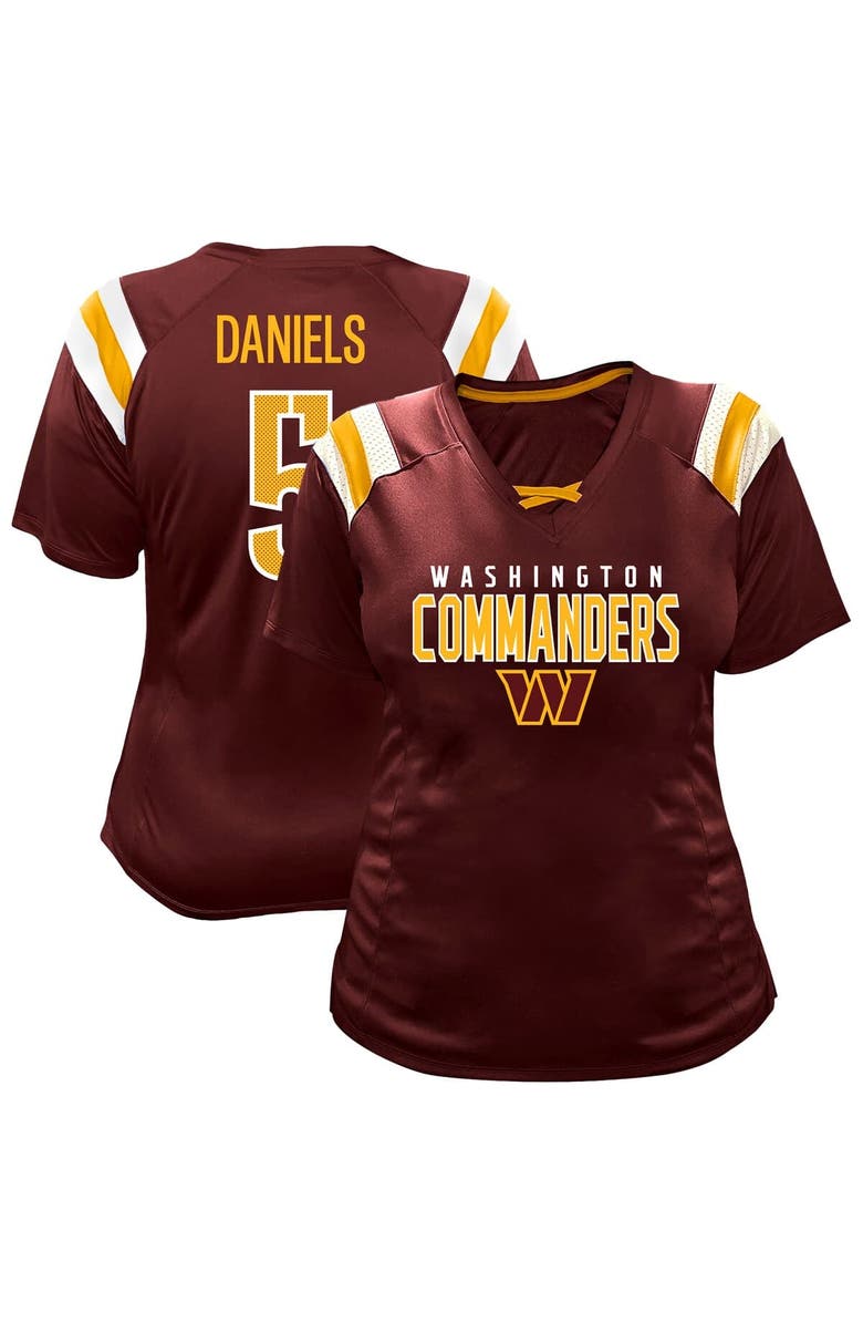 FANATICS Women's Fanatics Jayden Daniels Burgundy Washington Commanders Plus Size Name & Number Raglan Lace V-Neck T-Shirt, Main, color, Burgundy