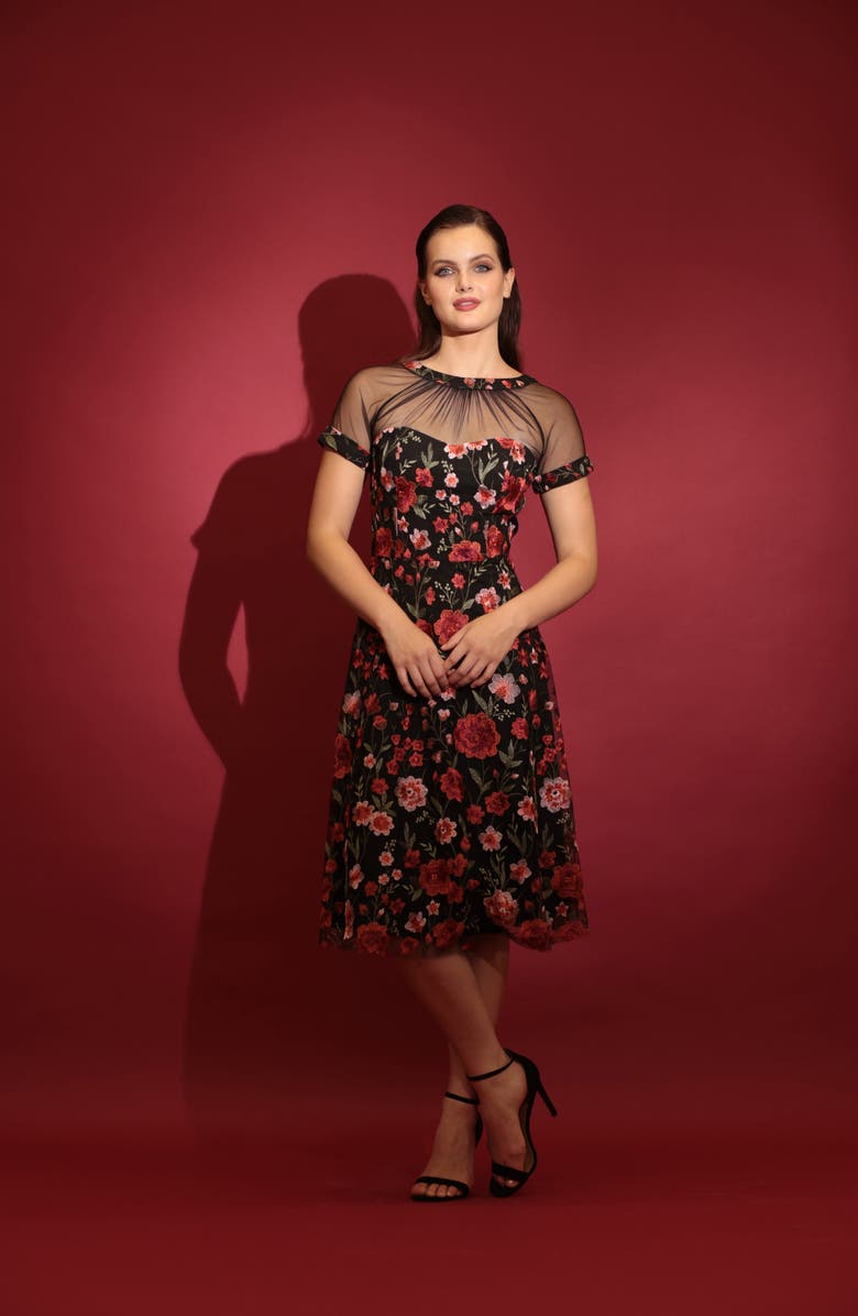 Maggy London Illusion Yoke Floral Embroidered Midi Cocktail Dress, Alternate, color,