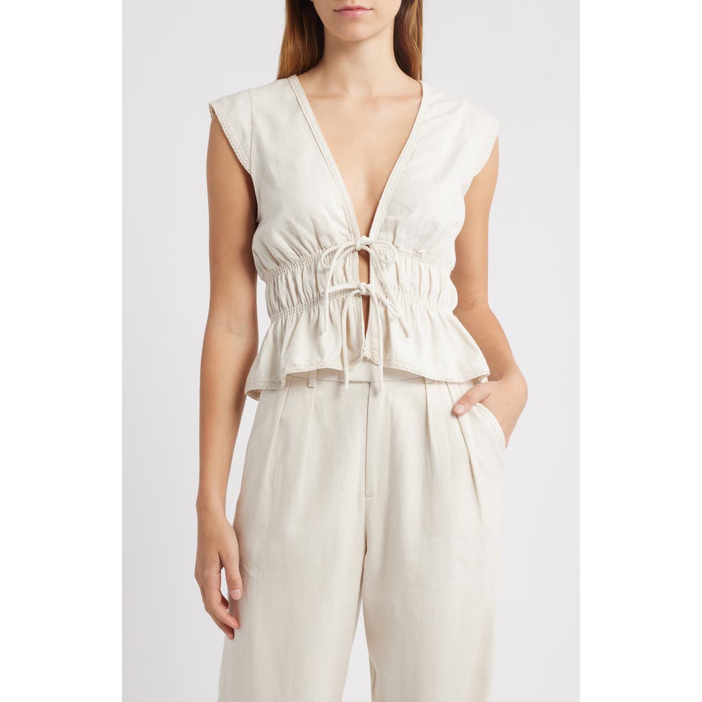 Wayf Clara Tie Front Linen Blend Top In White