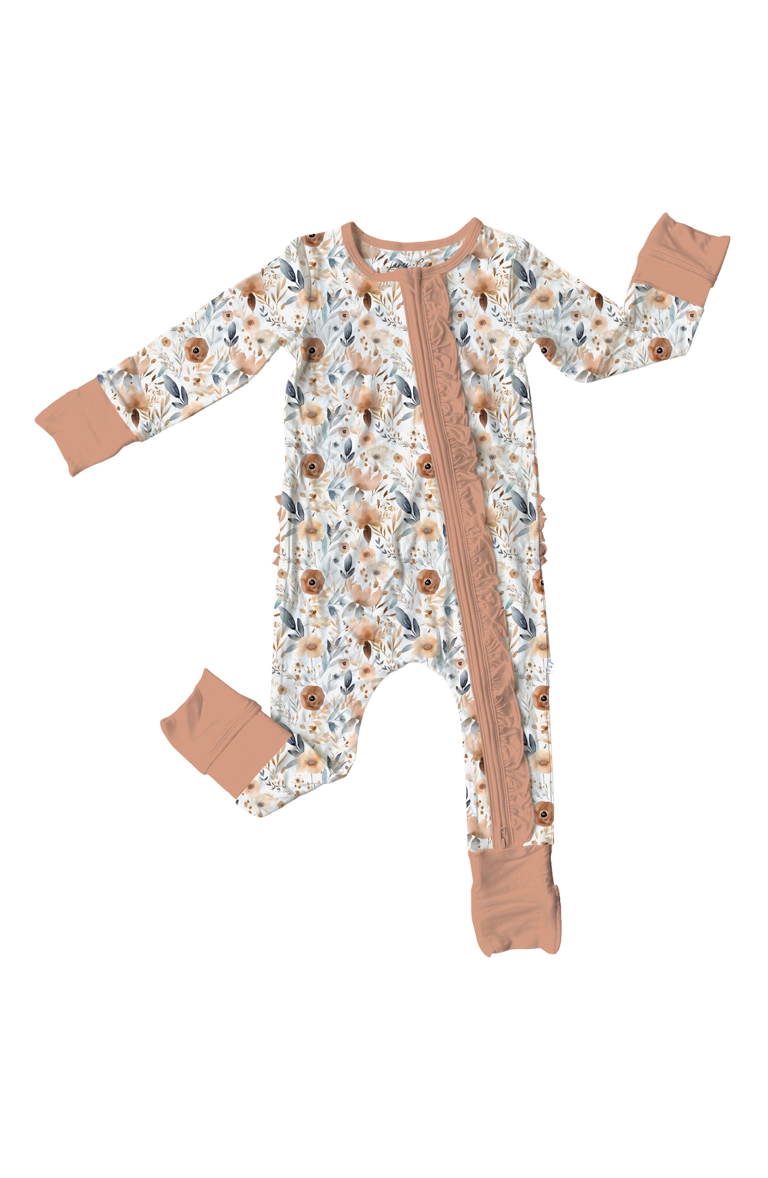 Laree + Co Audrey Floral Ruffle Convertible Zip Footie in Peach 