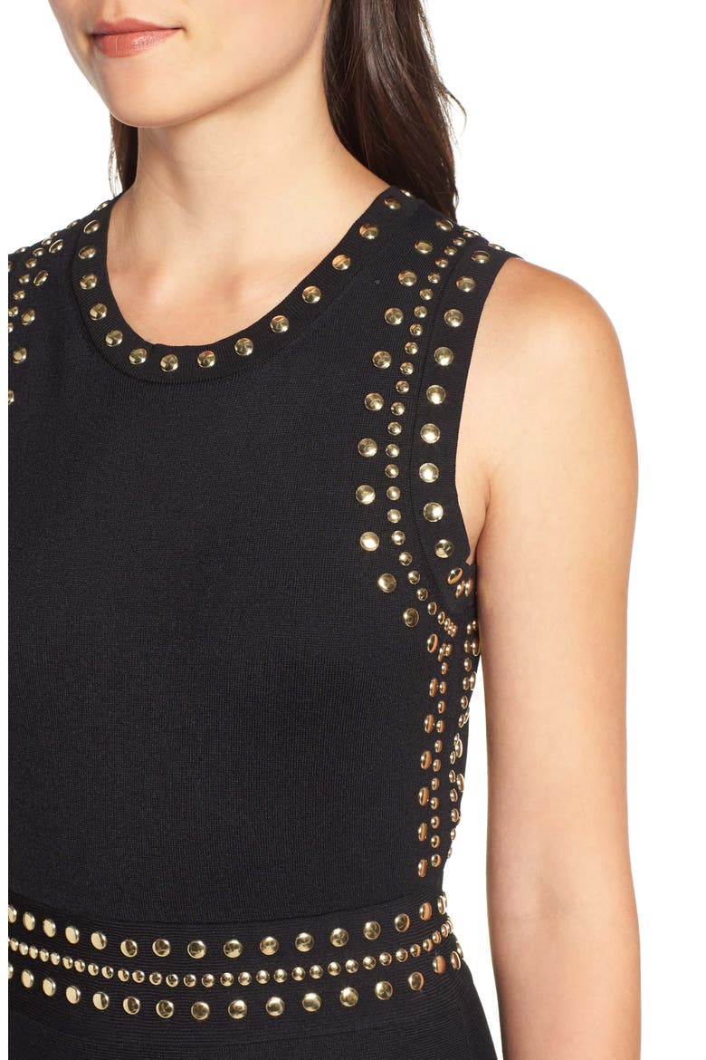 Studded Fit & Flare Dress, Alternate, color, BLACK/ GOLD
