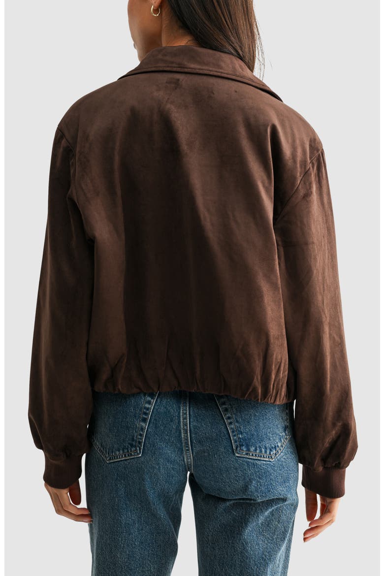 Stretch Faux Suede Bomber Jacket, Alternate, color, DARK CHOCOLATE
