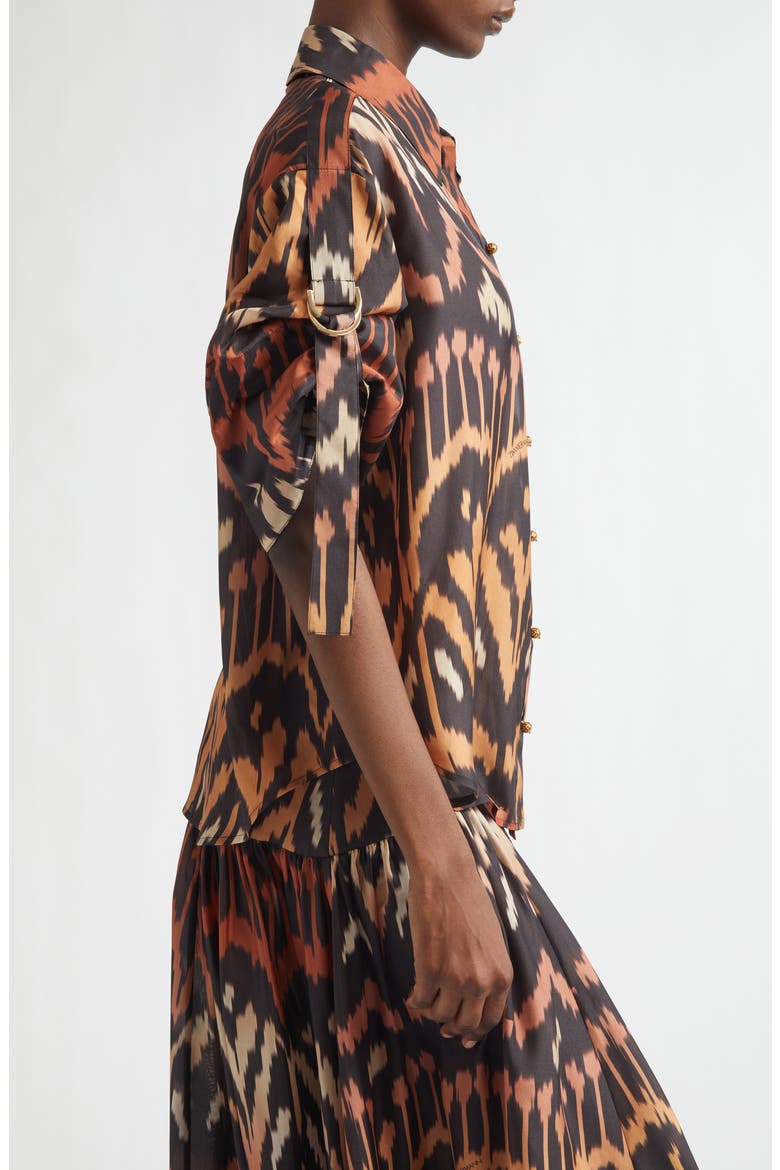 Aster Ikat Print Relaxed Silk Button-Up Shirt, Alternate, color, CHARCOAL IKAT