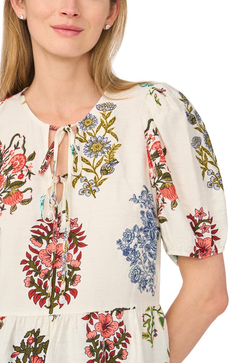 CeCe Floral Tie Keyhole Puff Sleeve Peplum Top, Alternate, color, Mayfly