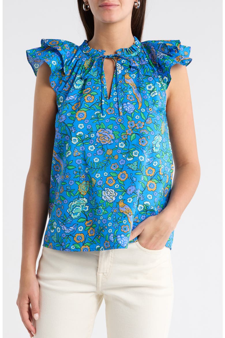 Siya Heidy Floral Flutter Sleeve Cotton Top, Main, color, BLUE-GREENS