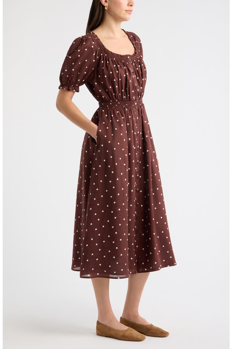Smocked Midi Dress, Alternate, color, BROWN IVORY TOSS DOT